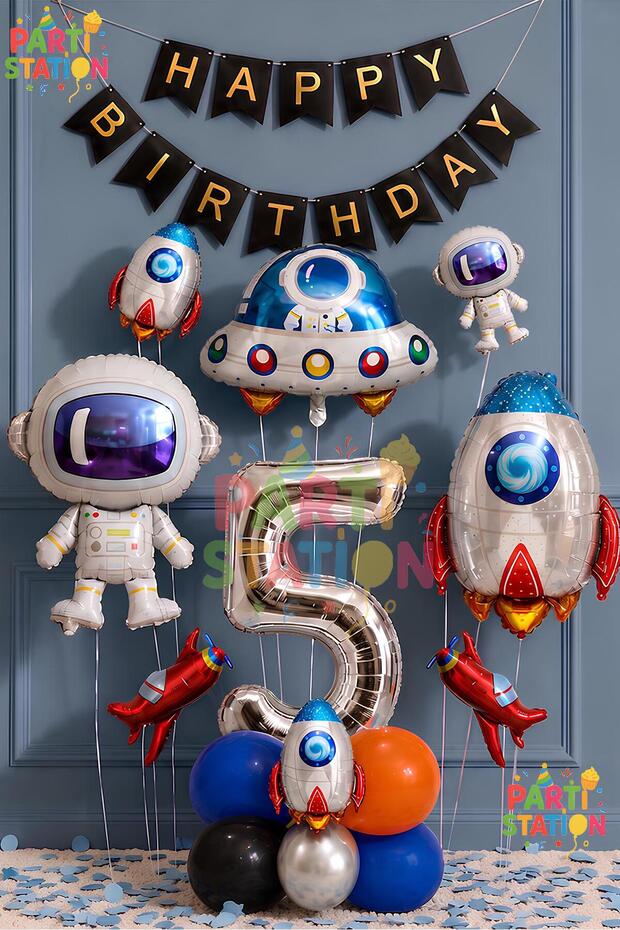 Space Astronaut Concept 5-Year-Old Balloon Set - 16 Piece Space Concept Birthday Set - Astronaut, Rocket, Ufo Foil Balloon