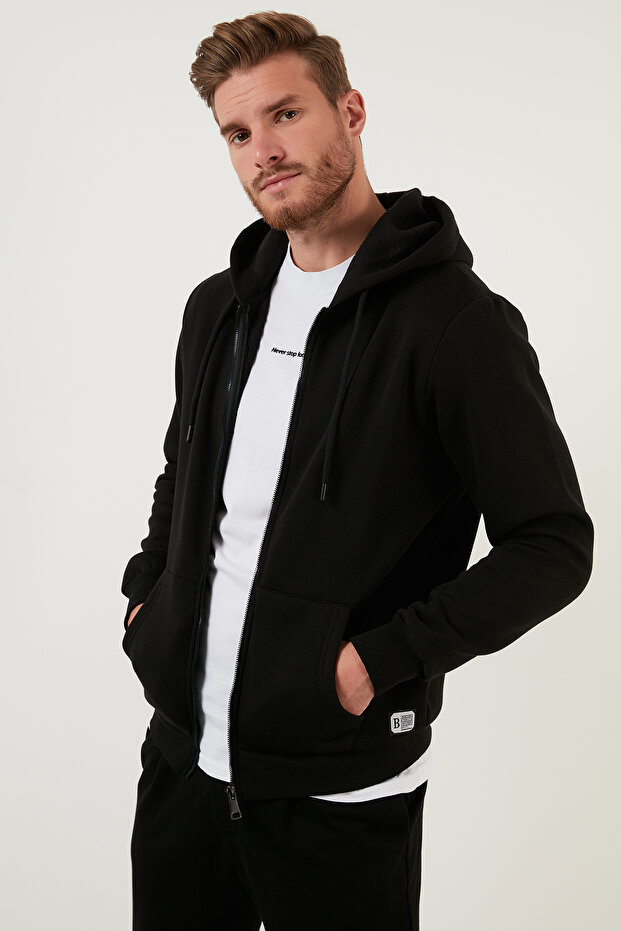 Regular Fit Hooded Zippered Soft Ribbed Winter Sweat with Hair Inside Men's Sweat 59053403