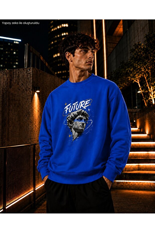 Men's Ancient Statue Printed Future Written Round Crew Neck Casual Cotton Basic Sweatshirt