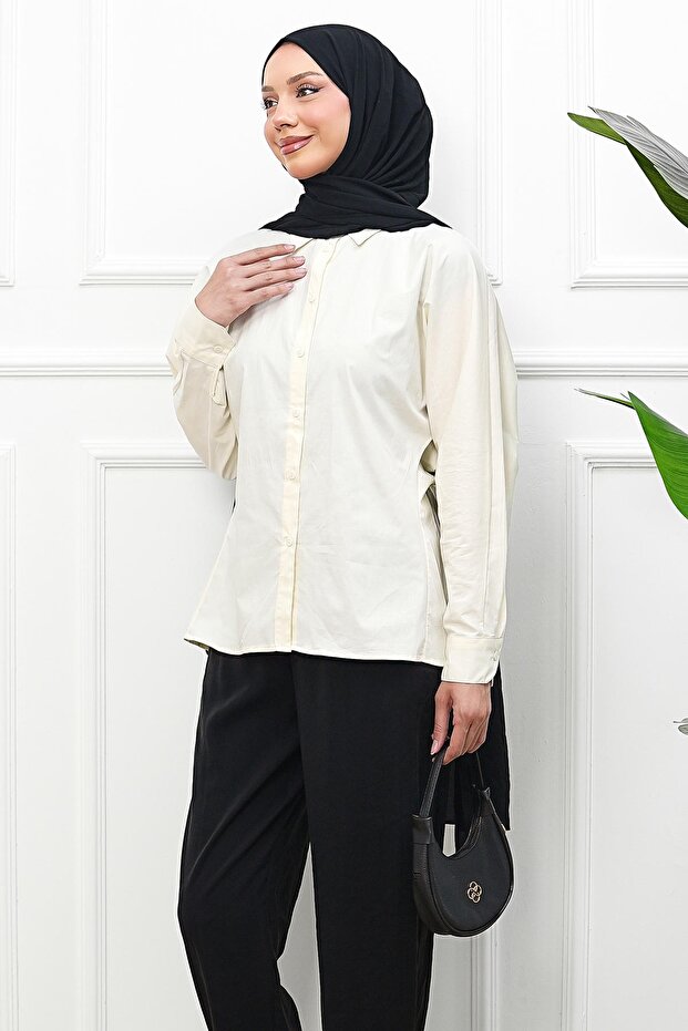 Cream Buttoned Bat Sleeve Terikoton Shirt