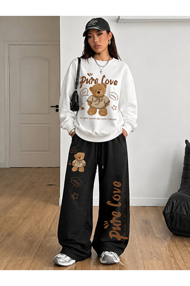 Unisex Men's and Women's Pure Love Printed Oversize 3 Yarn Crew Neck Sweatshirt and Baggy Bottom Sweatpants Set