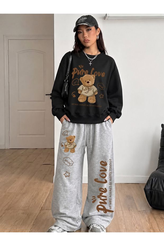 Unisex Men's and Women's Pure Love Printed Oversize 3 Yarn Crew Neck Sweatshirt and Baggy Bottom Sweatpants Set