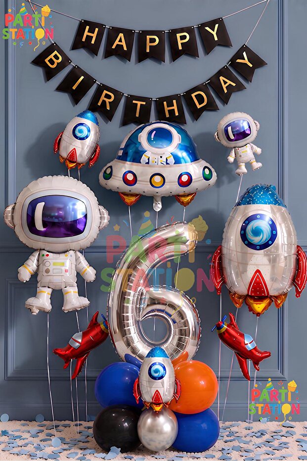 Space Astronaut Concept 6-Year-Old Balloon Set - 16 Piece Space Concept Birthday Set - Astronaut, Rocket, Ufo Foil Balloon