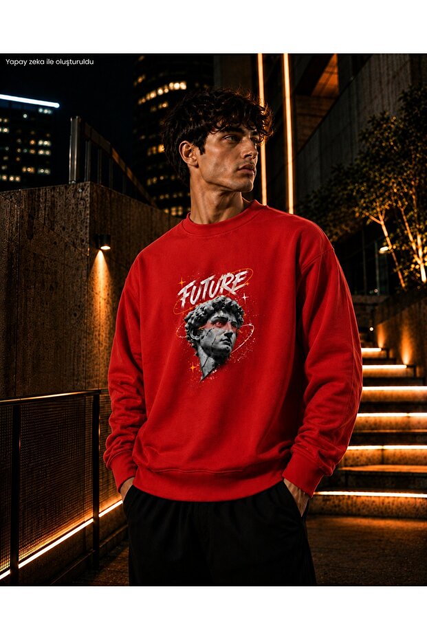 Men's Ancient Statue Printed Future Written Round Crew Neck Casual Cotton Basic Sweatshirt