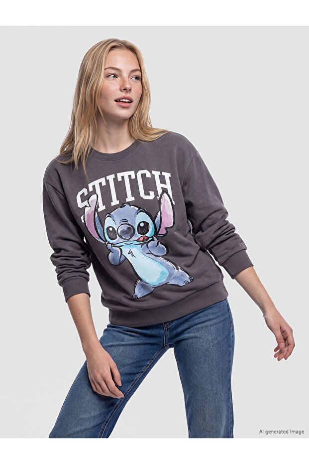 Xside Anthracite Stitch Printed Oversize Women's Sweatshirt
