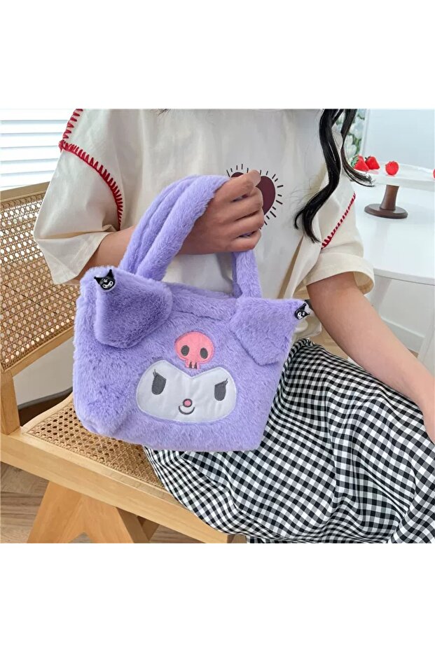 Cute Cat Kuromiii Patterned Purple Plush Bag – Zippered, Shoulder Strap, Soft Handbag