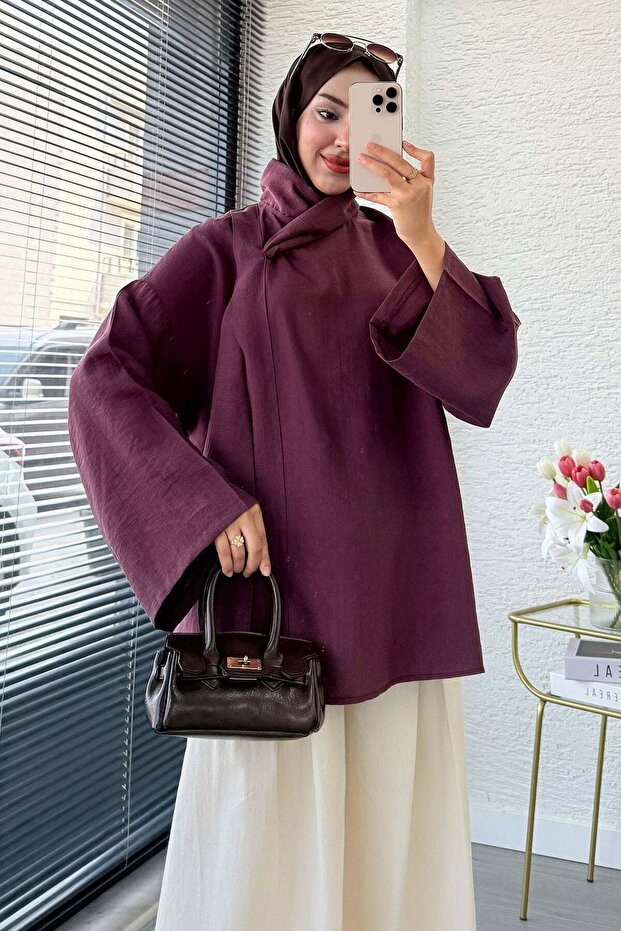 Premium Modal Blouse with Cross Scarf Detail - Plum