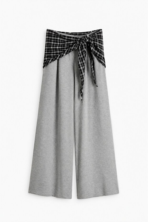 Gray Plaid Detailed Wide Leg Trousers