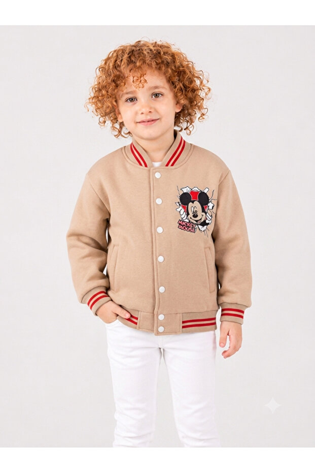 Boys' Beige College Jacket 3-Thread Shardooned Fabric (Thick)