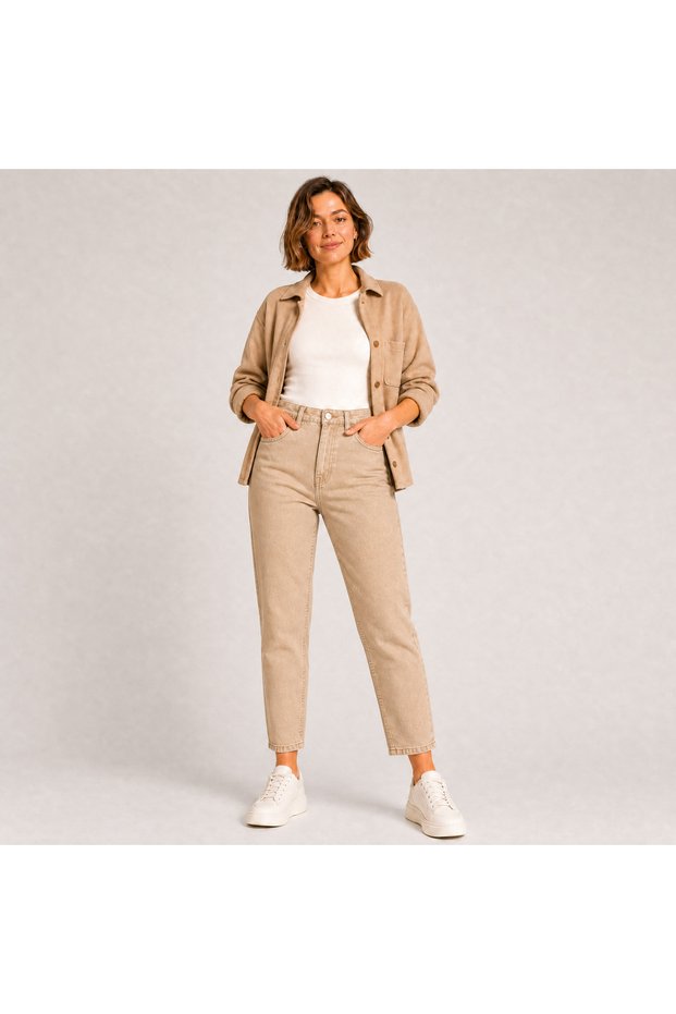 Aynur Beige High Waist Lycra Trendy Mom Jean