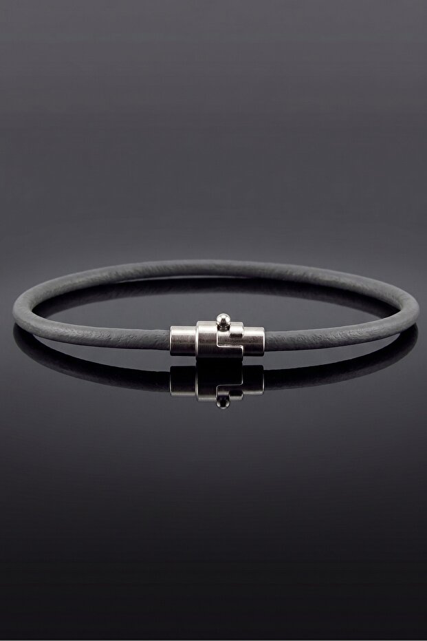 Grey Original Fine Leather Silver Color Clip Minimalist Men's Bracelet M072B