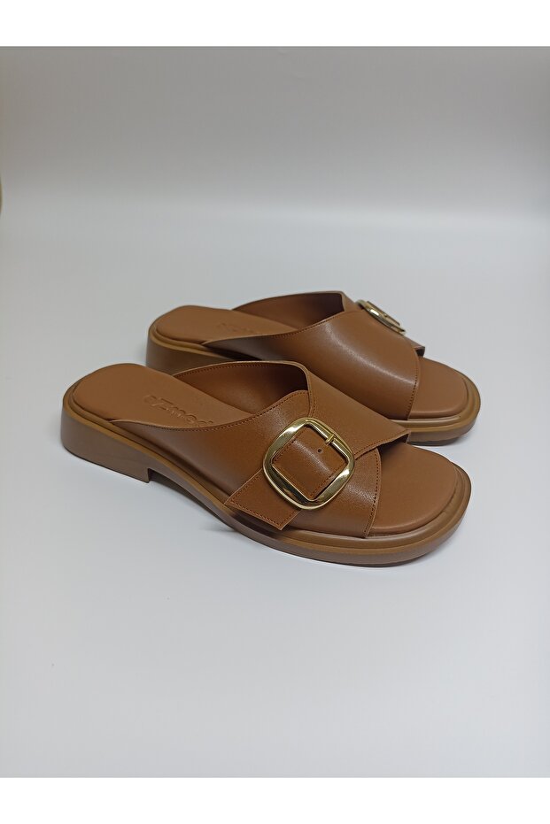 Tan Leather Luxury Single Buckle Slippers