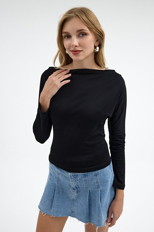 Women's Boat Neck Basic Slim Black Blouse