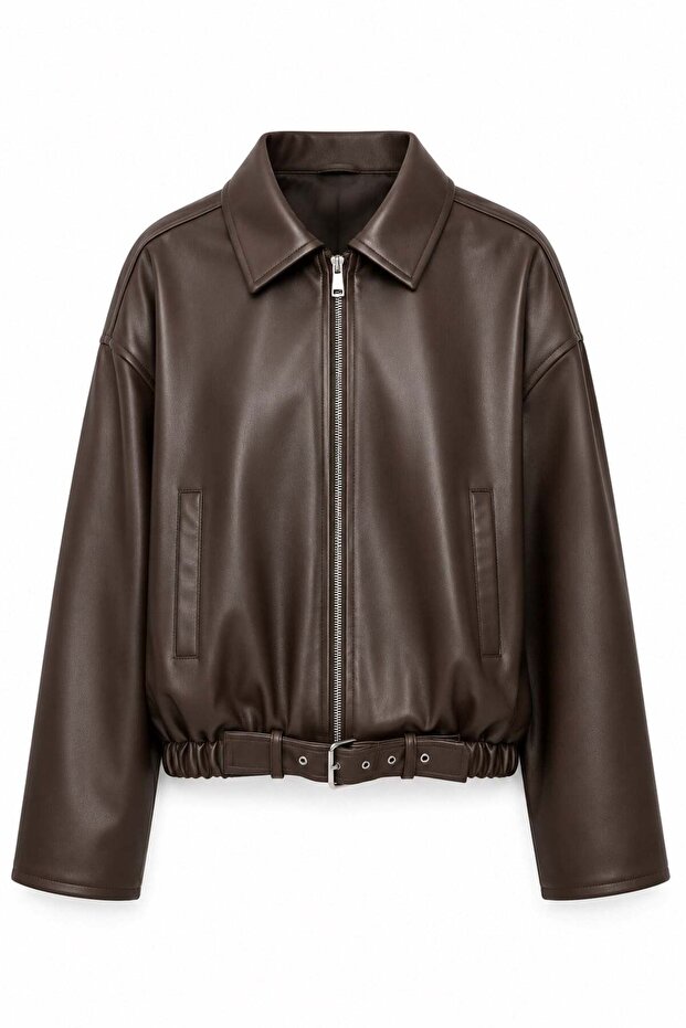 Belted Bomber Leather Jacket Aci Brown