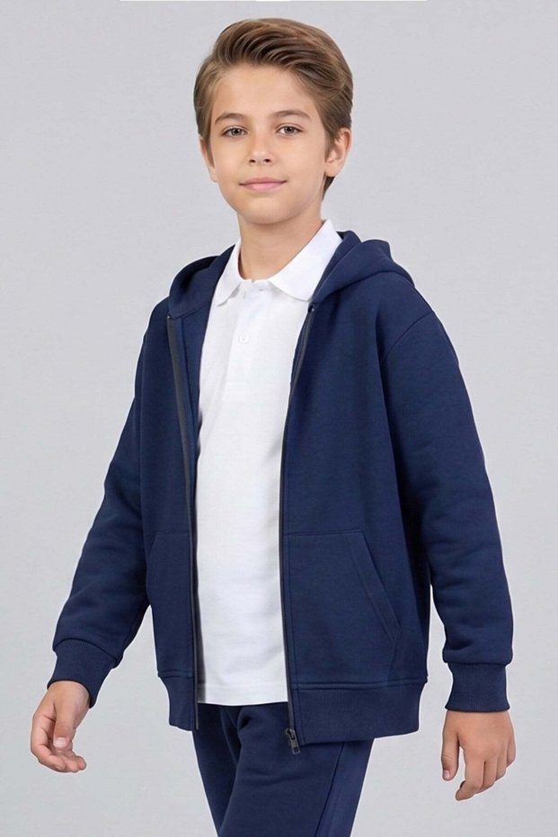 Mojo boys' 11-15 year old hooded zippered school cardigan navy blue