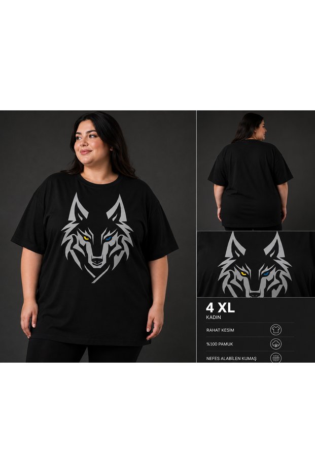 Unisex Oversize T-Shirt Blue-Eyed Wolf Printed 100% Cotton T-Shirt Large Size Comfortable Fit