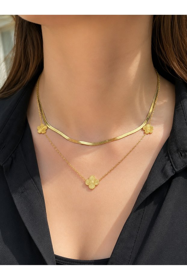 Flower Detailed Double Chain Gold Color Women's Necklace – Double Layered Necklace