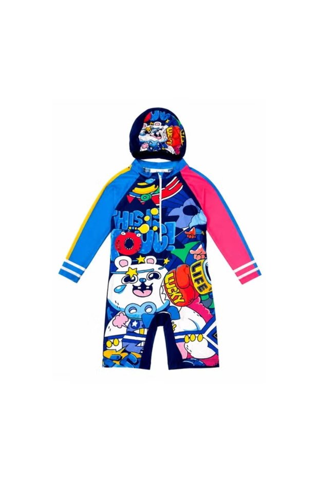 Kids Knee-Length Swimwear Set with Long Sleeve One-Piece Swimsuit & Matching Swim Cap, Colourful Cartoon Print Swimming Costume for Boys & Girls, Beach, Pool & Water Activities