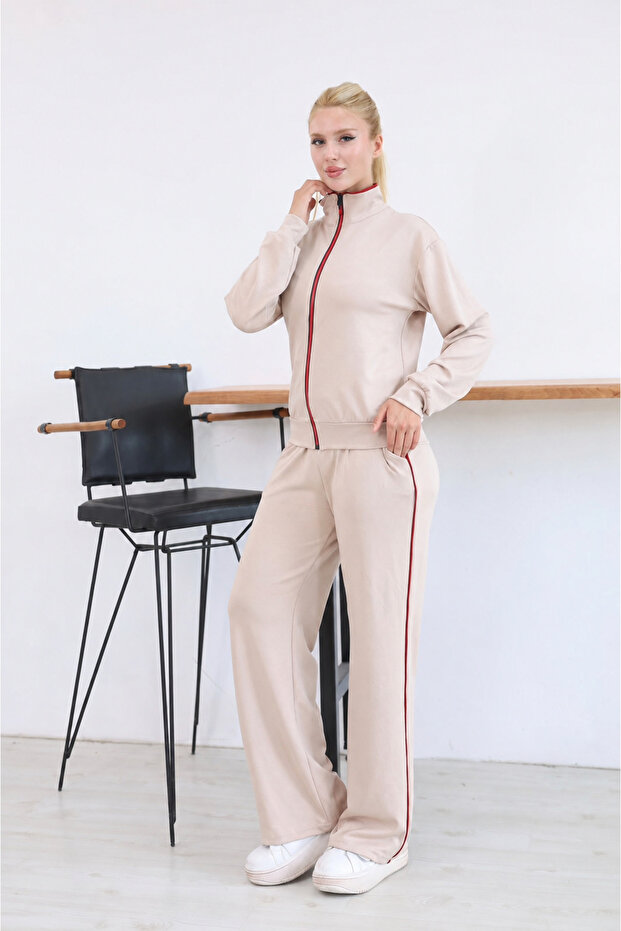 Women's Ribbed Zippered High Collar Wide Leg Two-Piece Tracksuit Set