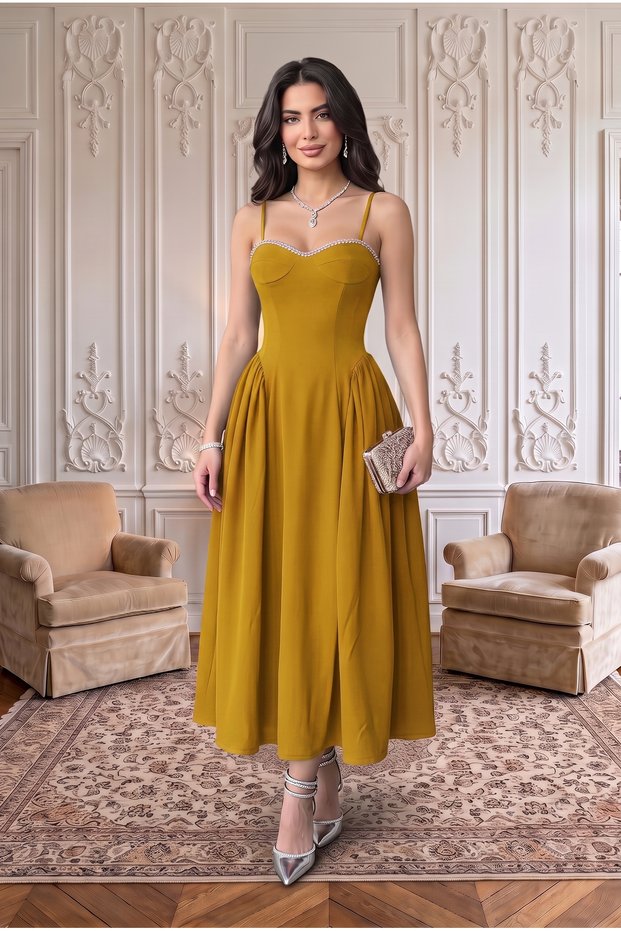 Women's Strapless Stone Embroidered Degaje Collar Zippered Midi Length Lined Graduation Evening Dress