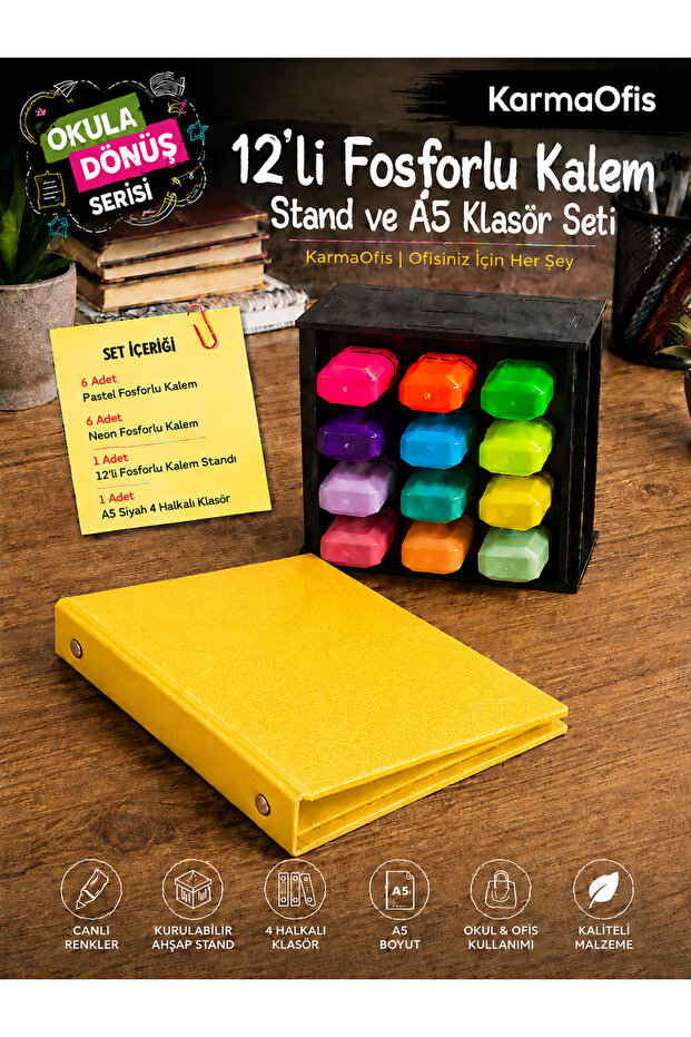 12-Pack Highlighter Pen Stand and A5 4-Ring Yellow Folder Set | 6 Pastel + 6 Neon Pens