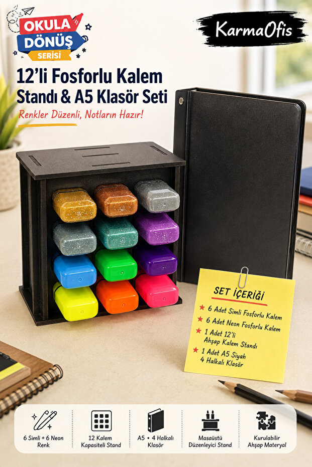 12-Pack Highlighter Pen Stand and A5 4-Ring Black Binder Set | 6 Glittery Pens + 6 Neon Highlighters, Wooden Desktop Stand