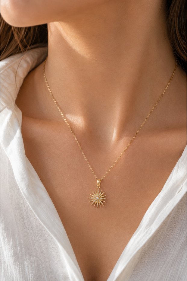 Gold Color Women's Necklace with Zircon Stone and Sun Figure – Sparkling Sun Necklace