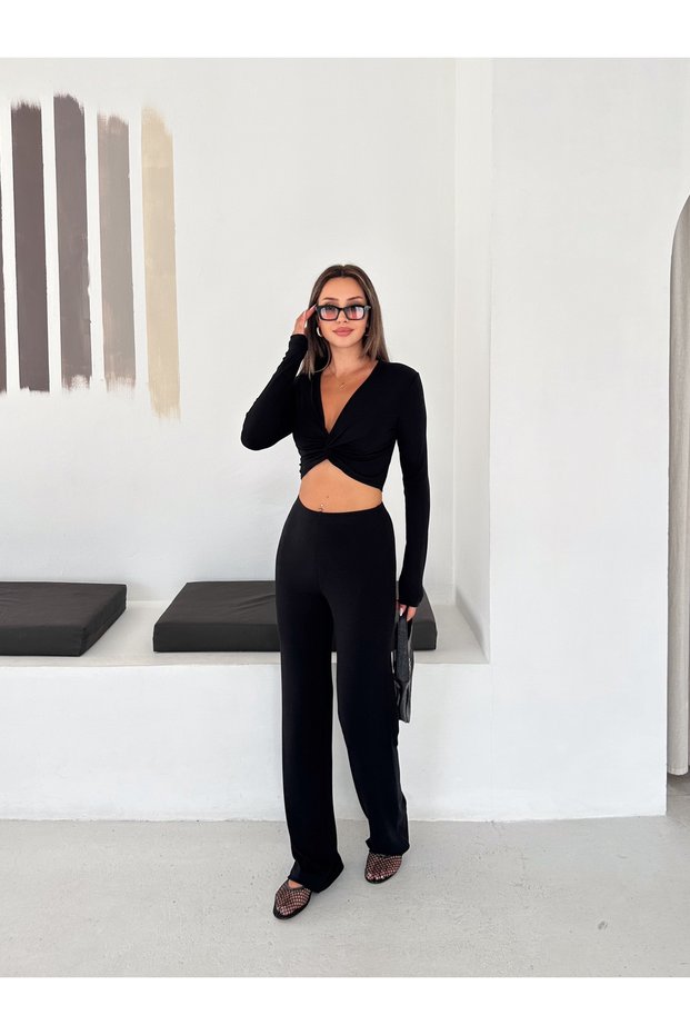 Women's Black V-Neck Twisted Crop Blouse High Waist Trousers Viscose Ribbed Bottom Top Set