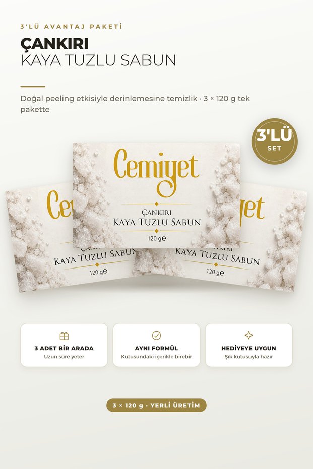 Çankırı Rock Salt Soap Natural Exfoliating Effect Set of 3 3 X 120 g