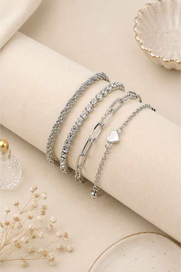 Heart Patterned 4 Piece Bracelet Set