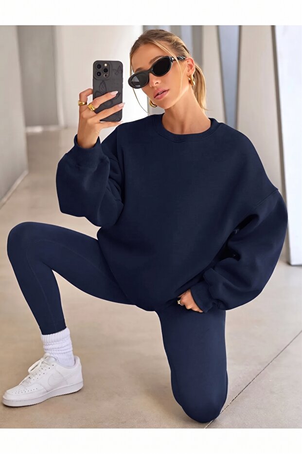 Navy Blue Dark Unprinted Oversize Women's Sweatshirt with Three Threaded Inner Ribbons