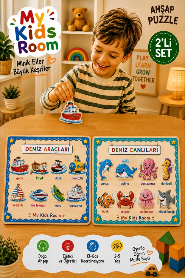 2-Piece Wooden Puzzle Set Educational Learning Find & Connect Puzzle Sea Vehicles & Sea Creatures