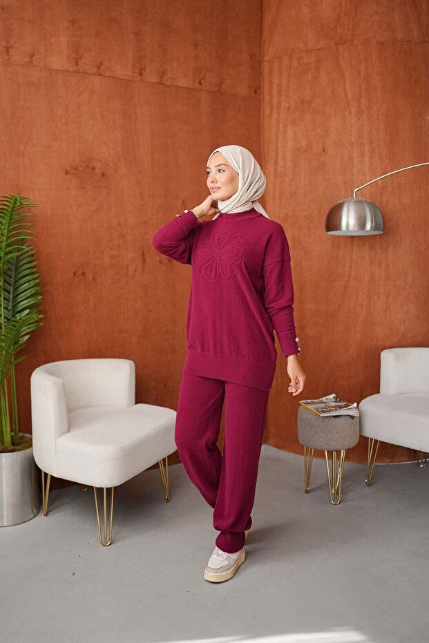 Flower Embroidered Angora Textured Knitwear Trouser Suit Anka261044