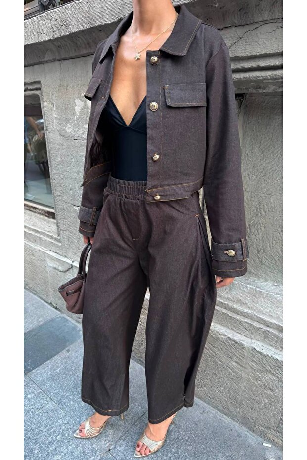 Women's Lined Denim Buttoned Jacket & Elastic Waist Pants Top and Bottom Set