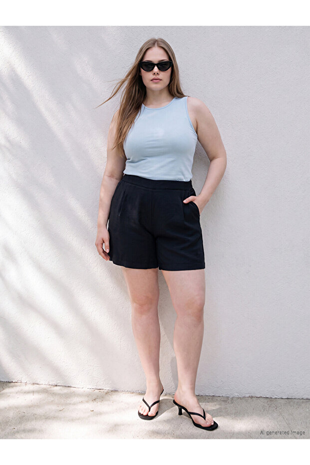 Two Mt Shop Quality Lcw Curve Black Plus Size Elastic Waist Women's Shorts