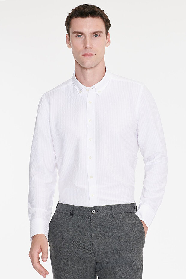 Men's White Slim Fit Slim Fit Button Collar Dobby Seersucker Patterned Shirt