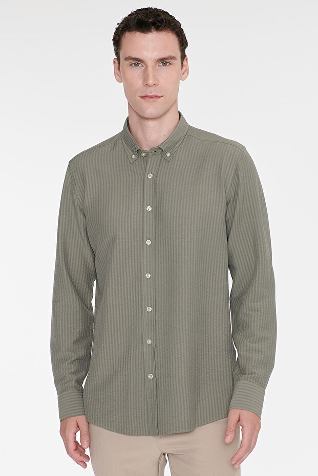 Men's Khaki Slim Fit Slim Fit Buttoned Collar Dobby Seersucker Patterned Shirt