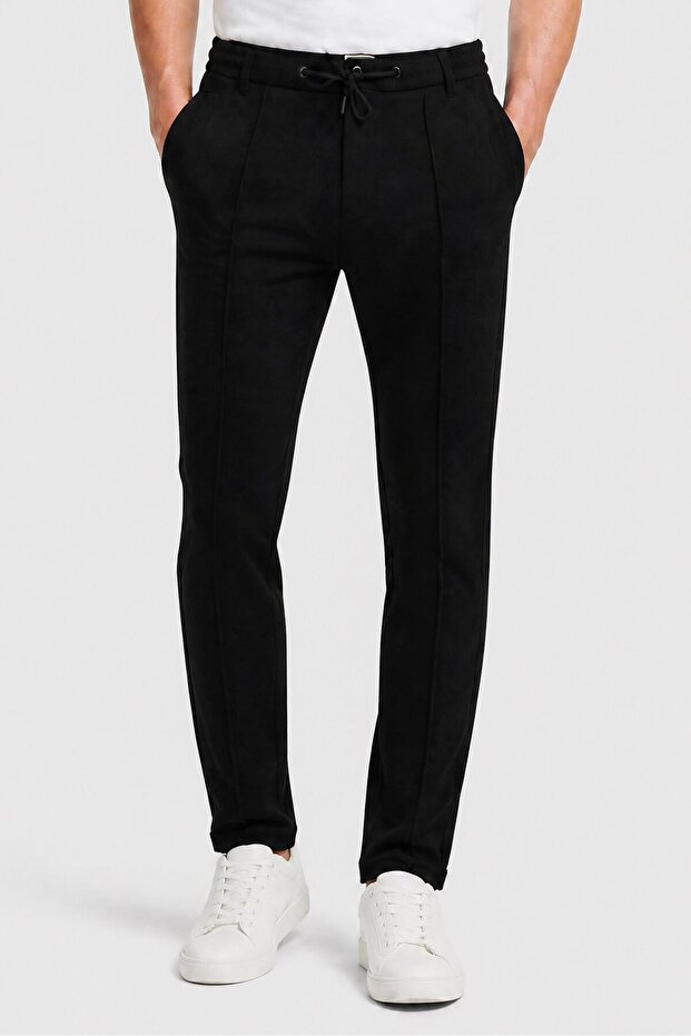 Men Regular Fit Textured Straight Leg Pants, Black