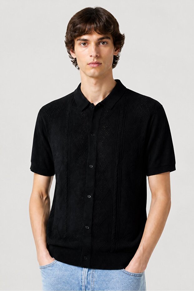 Men Regular Fit Knitted Short Sleeve Polo Shirt, Navy