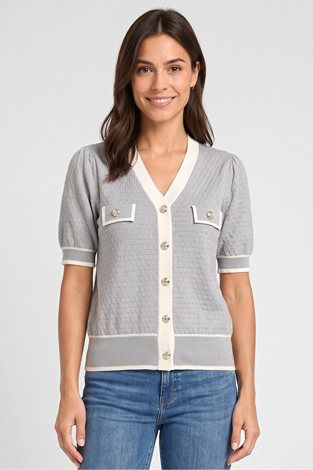 Women V-Neck Knitted Cardigan, Grey