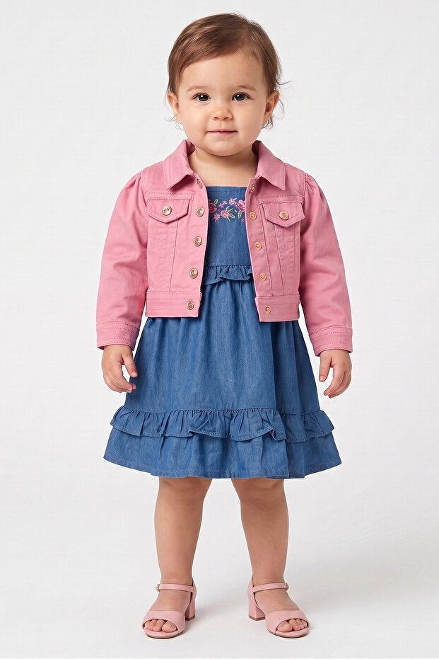 Toddlers Girl 2Pcs Washed Dress And Jacket Set, Multicolor