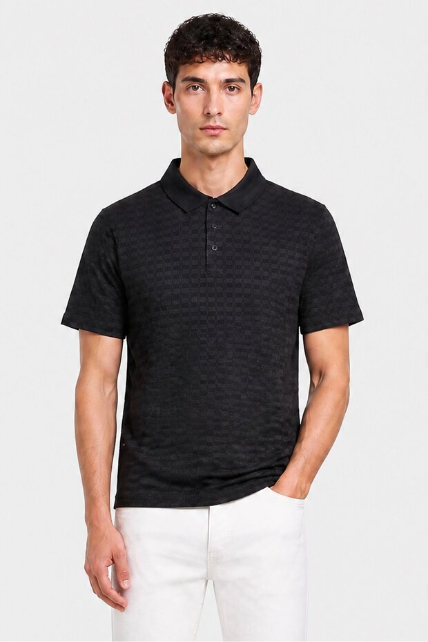 Men Regular Fit Textured Short Sleeve Polo Shirt, Black