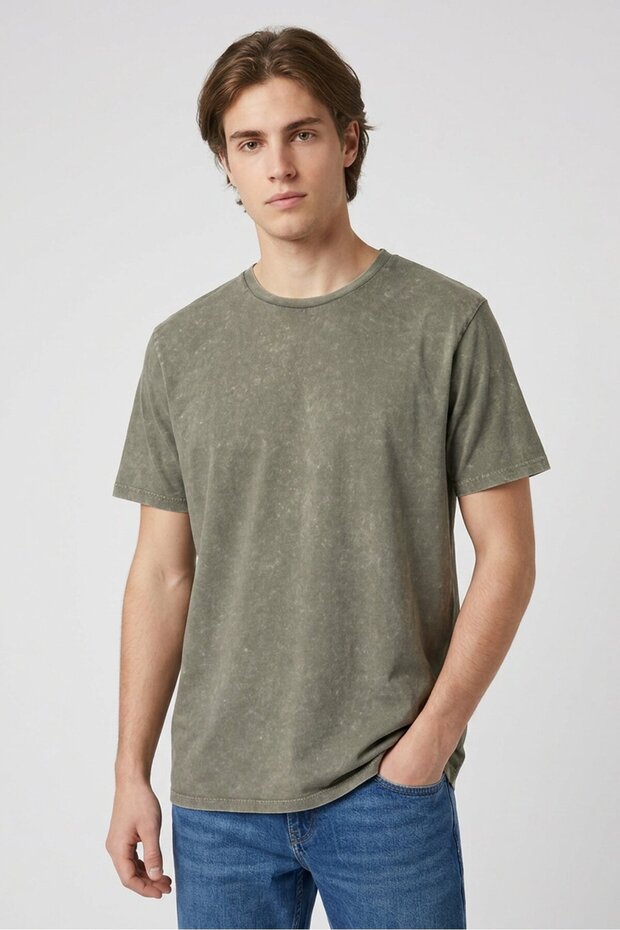 Men Crew Neck Short Sleeve Washed T-Shirt, Olive