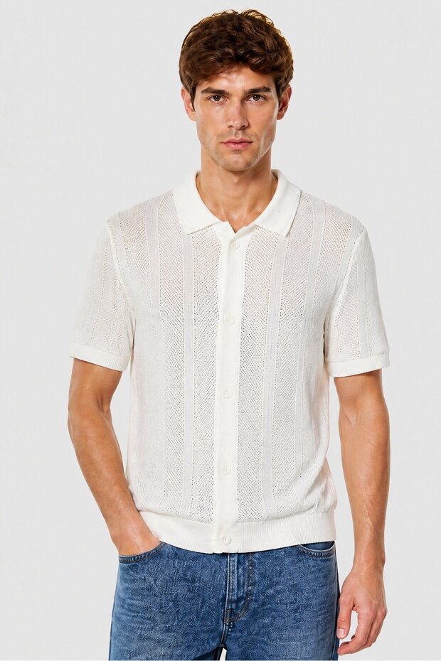 Men Regular Fit Textured Short Sleeve Casual Shirt, White