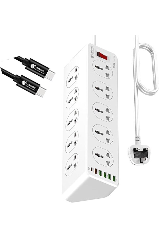 صندوق ادارة الكابلات مع شريط تمديد الطاقة 5 منافذ شاحن لاسلكي سريع كابل USB-C وسلك بطول 2 متر - اعدا