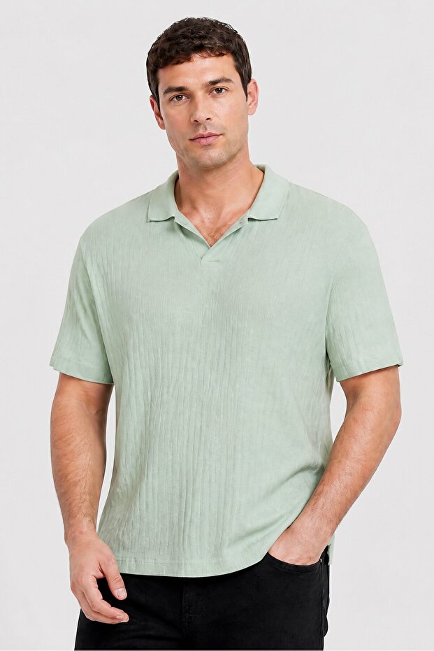 Men Regular Fit Ribbed Short Sleeve Polo Shirt, Mint Green