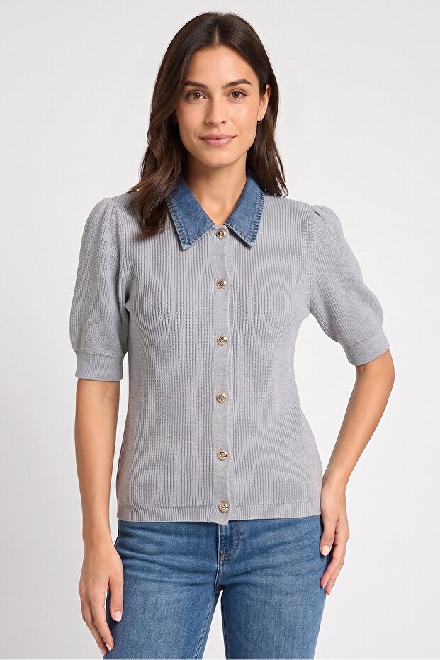 Women Pointed Collar Knitted Cardigan, Grey