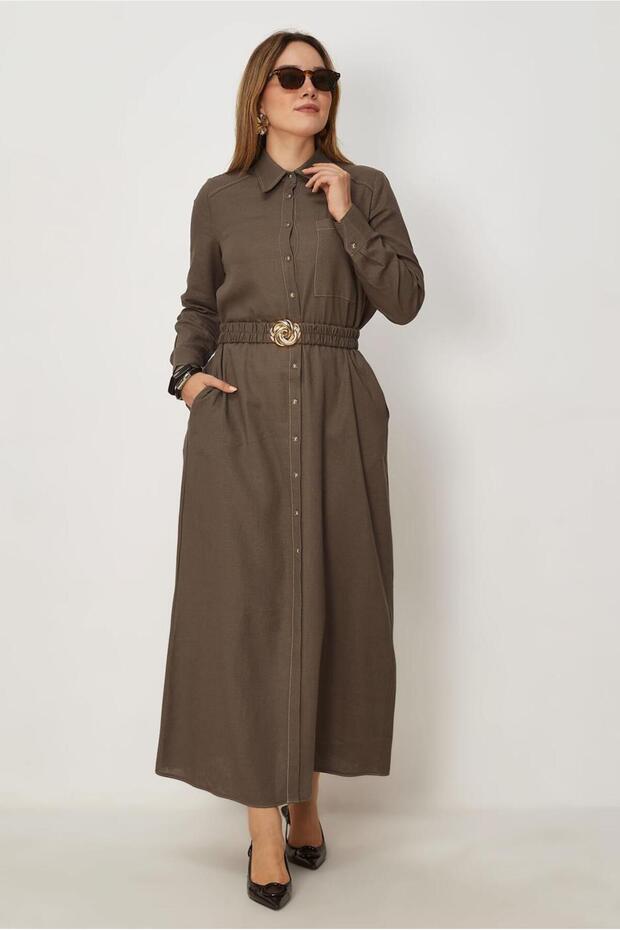 Belted Shirt Collar Linen Dress 46809