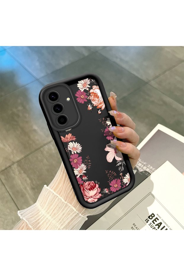 Samsung Galaxy A36 Compatible Black Silicone Case Shockproof Camera Protected Flower Pattern