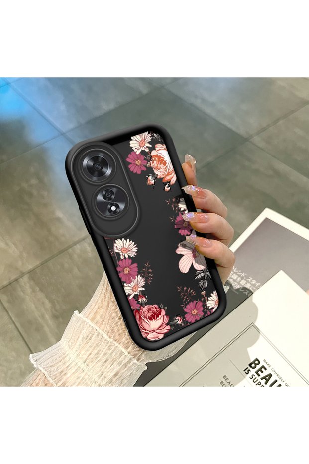 Oppo A60 Compatible Black Silicone Case Shockproof Camera Protected Flower Pattern
